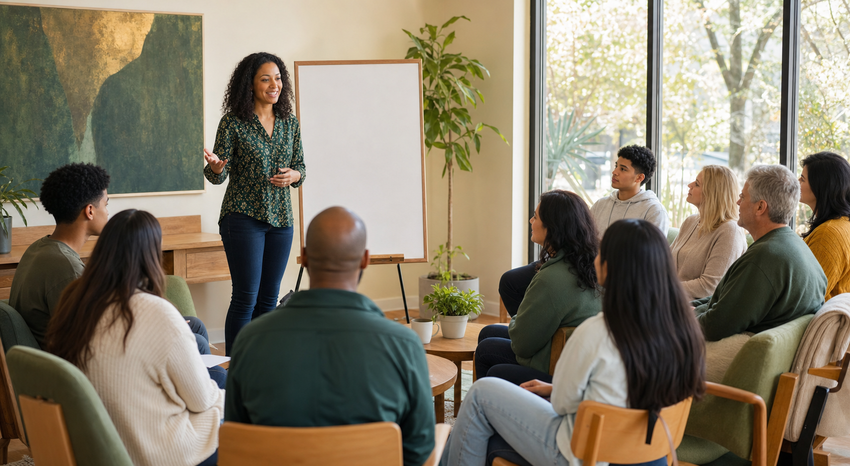 Presenter leading a small educational workshop for parents and students